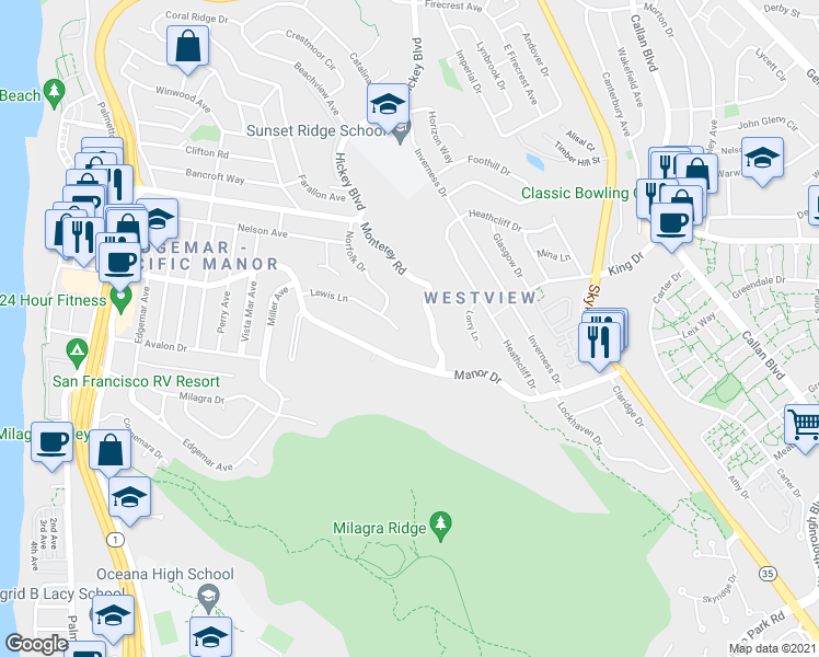 map of restaurants, bars, coffee shops, grocery stores, and more near 530 Lewis Lane in Pacifica