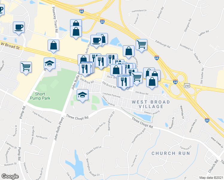 map of restaurants, bars, coffee shops, grocery stores, and more near 2415 Liesfeld Parkway in Glen Allen
