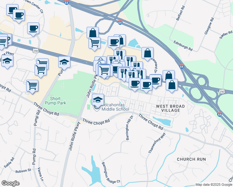 map of restaurants, bars, coffee shops, grocery stores, and more near 2510 Liesfeld Parkway in Glen Allen