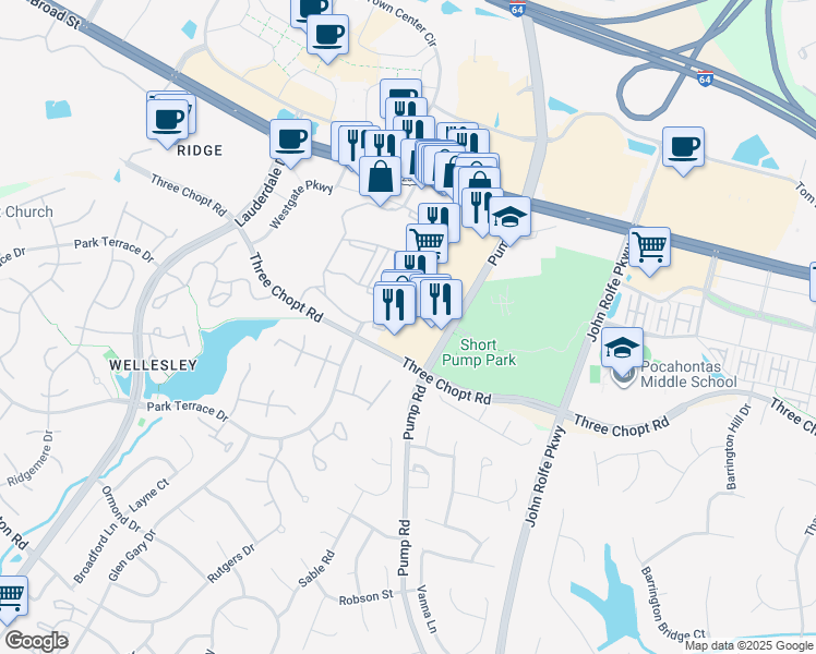 map of restaurants, bars, coffee shops, grocery stores, and more near 3410 Pump Road in Henrico