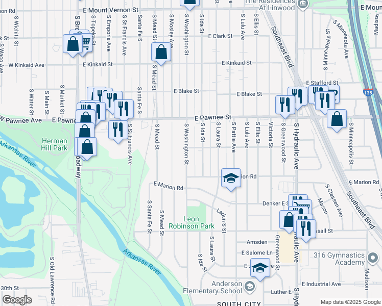 map of restaurants, bars, coffee shops, grocery stores, and more near 2526 Washington South in Wichita