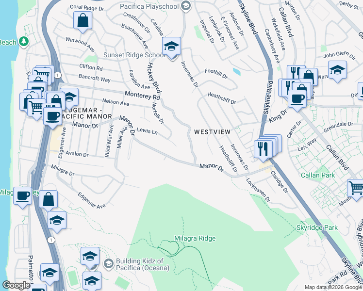 map of restaurants, bars, coffee shops, grocery stores, and more near 521 Lewis Lane in Pacifica