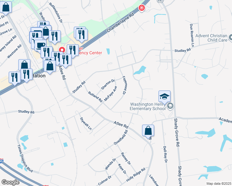 map of restaurants, bars, coffee shops, grocery stores, and more near 8402 McFaye Avenue in Mechanicsville