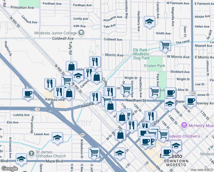 map of restaurants, bars, coffee shops, grocery stores, and more near 206 College Avenue in Modesto