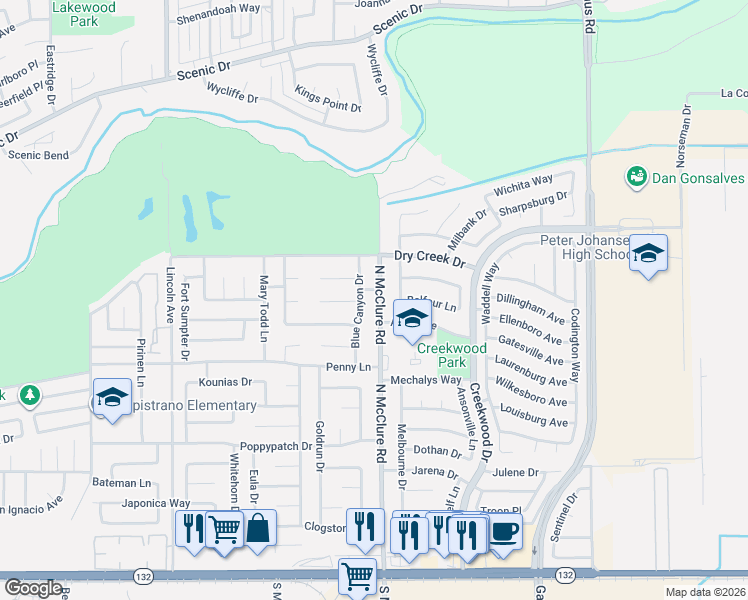 map of restaurants, bars, coffee shops, grocery stores, and more near 553 North McClure Road in Modesto
