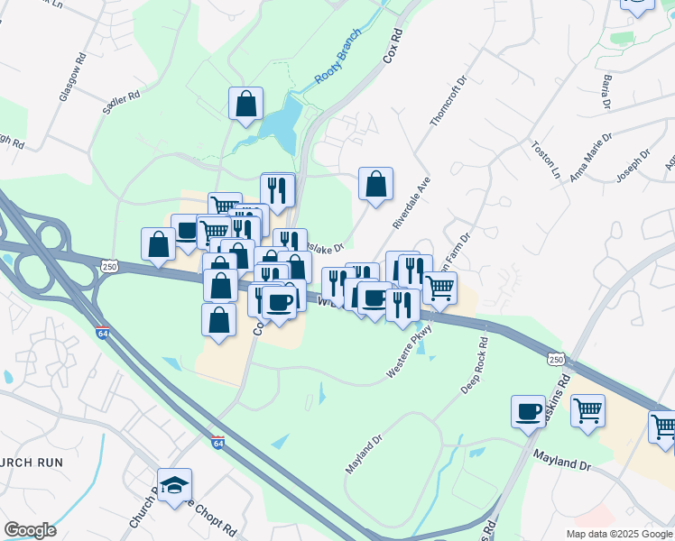 map of restaurants, bars, coffee shops, grocery stores, and more near 4050 Innslake Drive in Glen Allen