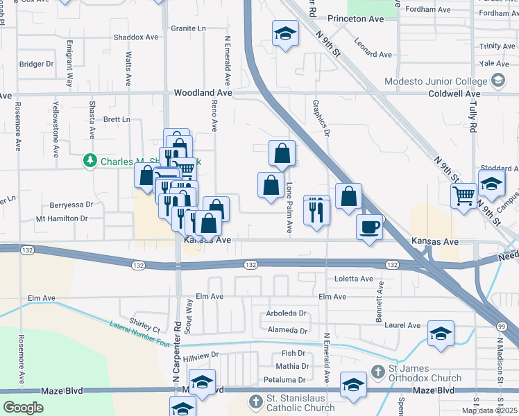 map of restaurants, bars, coffee shops, grocery stores, and more near 1133 Doker Dr in Modesto