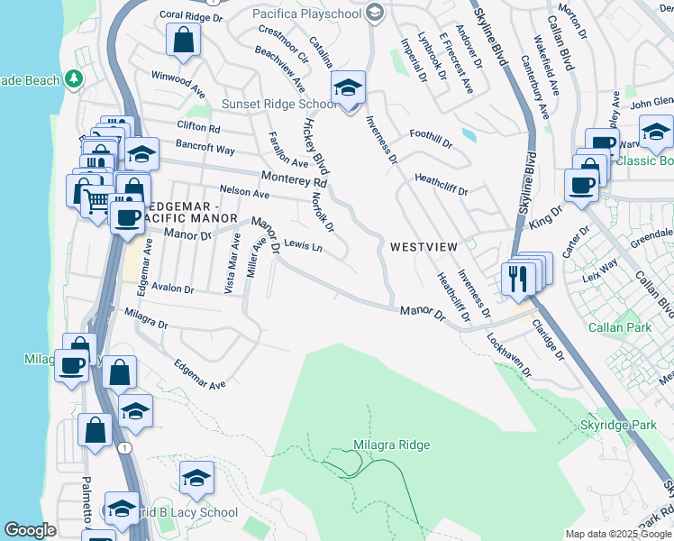 map of restaurants, bars, coffee shops, grocery stores, and more near 472 Lewis Lane in Pacifica