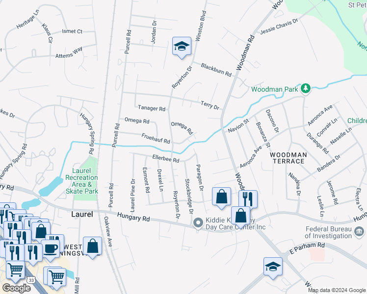 map of restaurants, bars, coffee shops, grocery stores, and more near 2411 Fruehauf Road in Richmond