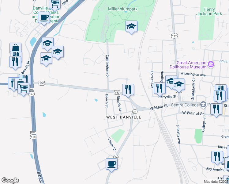map of restaurants, bars, coffee shops, grocery stores, and more near 1637 Perryville Road in Danville