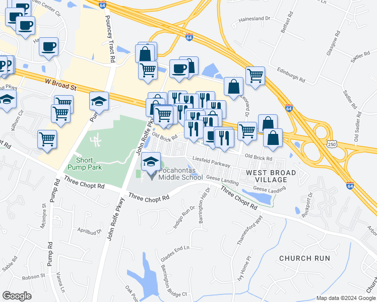 map of restaurants, bars, coffee shops, grocery stores, and more near 3909 Brownstone Boulevard in Glen Allen