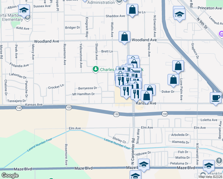 map of restaurants, bars, coffee shops, grocery stores, and more near 1705 Grassland Way in Modesto