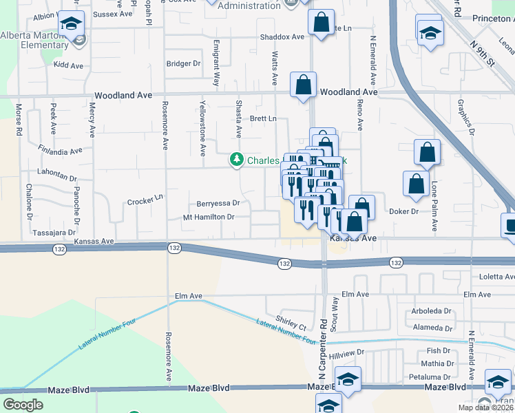 map of restaurants, bars, coffee shops, grocery stores, and more near 1800 Mount Hamilton Drive in Modesto