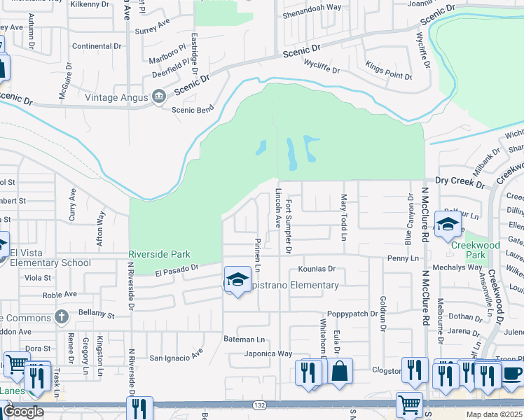 map of restaurants, bars, coffee shops, grocery stores, and more near 541 Pirinen Lane in Modesto