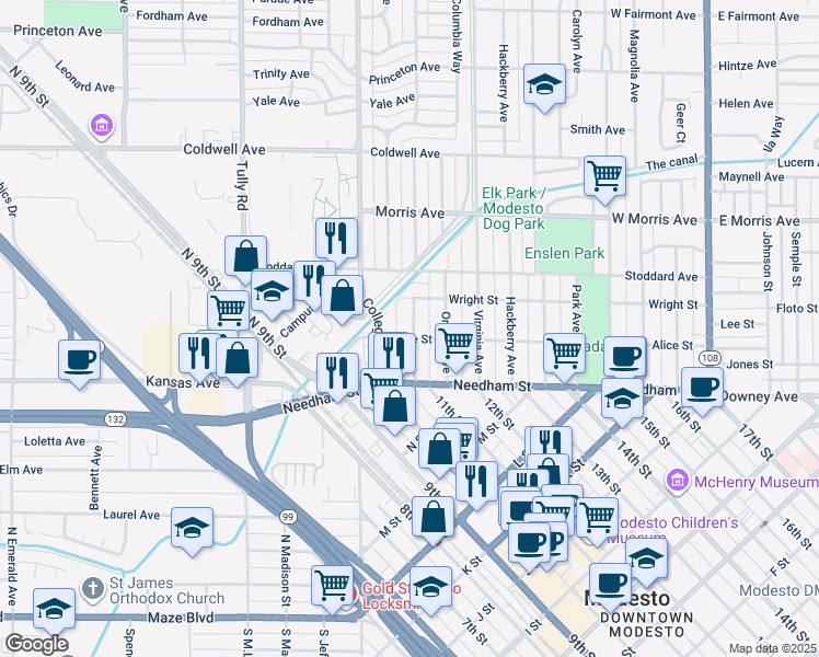 map of restaurants, bars, coffee shops, grocery stores, and more near 128 Olive Avenue in Modesto