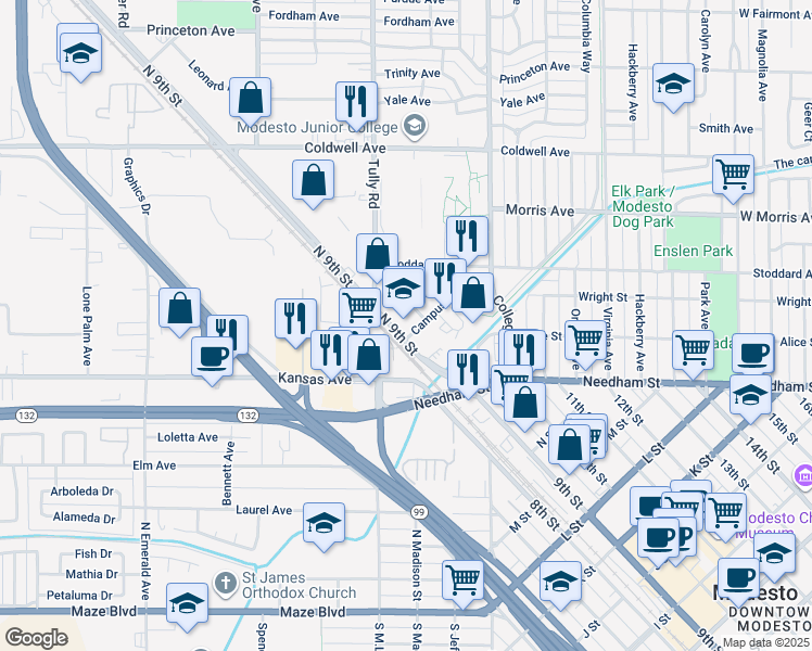 map of restaurants, bars, coffee shops, grocery stores, and more near in Modesto