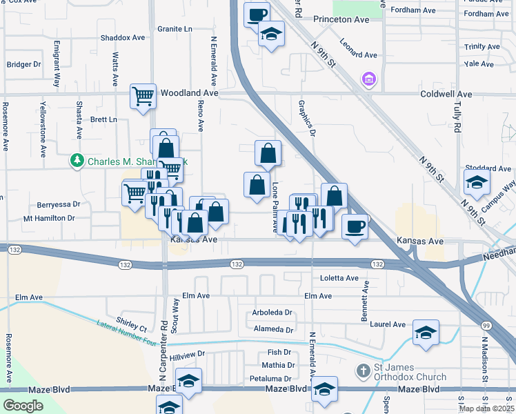 map of restaurants, bars, coffee shops, grocery stores, and more near 1121-1133 Doker Dr in Modesto