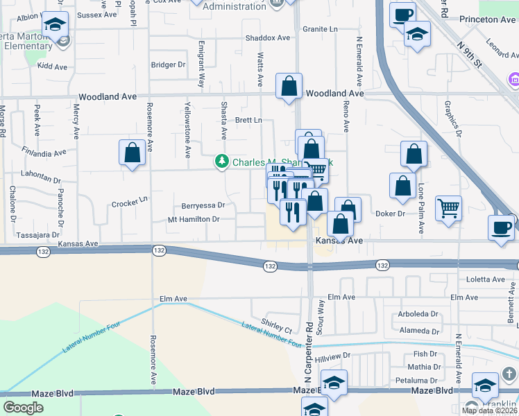 map of restaurants, bars, coffee shops, grocery stores, and more near 1705 Grassland Way in Modesto