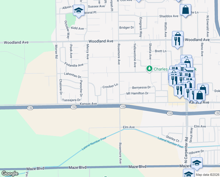 map of restaurants, bars, coffee shops, grocery stores, and more near 904 Mandana Court in Modesto