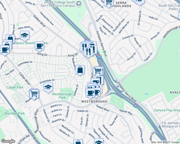 map of restaurants, bars, coffee shops, grocery stores, and more near 2220 Gellert Boulevard in South San Francisco