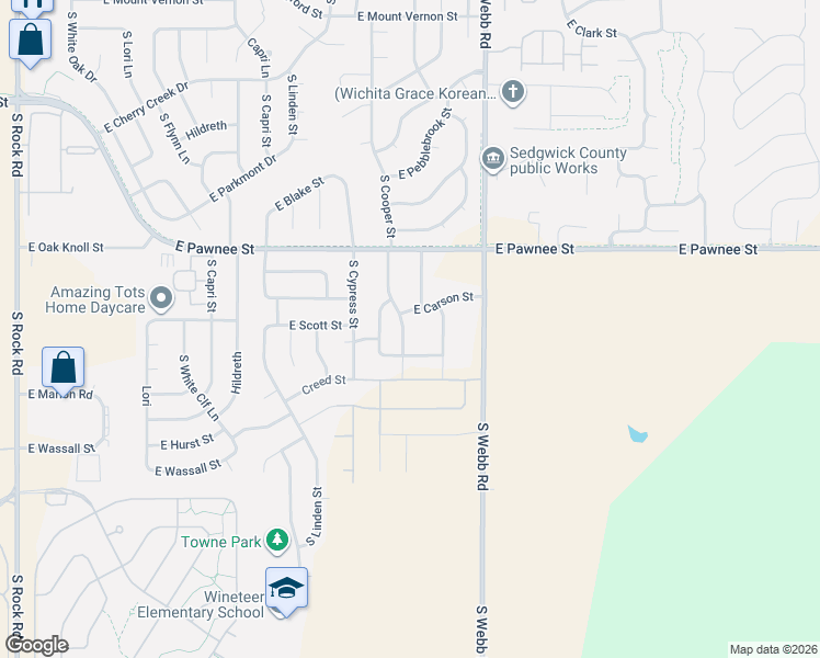 map of restaurants, bars, coffee shops, grocery stores, and more near 9402 East Marion Street in Wichita