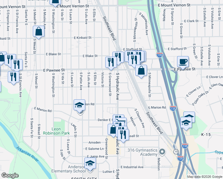 map of restaurants, bars, coffee shops, grocery stores, and more near 2531 South Greenwood Street in Wichita