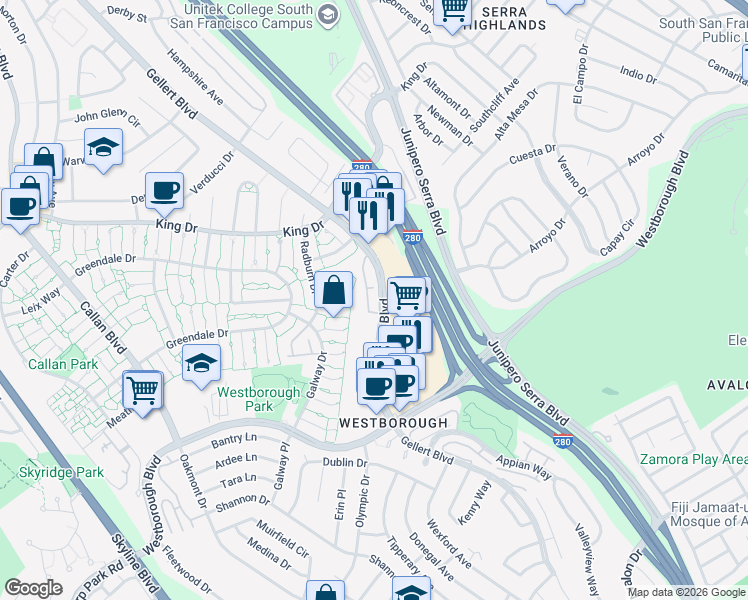 map of restaurants, bars, coffee shops, grocery stores, and more near 2210 Gellert Boulevard in South San Francisco