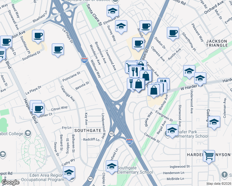 map of restaurants, bars, coffee shops, grocery stores, and more near 25001 Willimet Way in Hayward