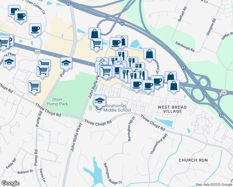 map of restaurants, bars, coffee shops, grocery stores, and more near 2518 Liesfeld Parkway in Glen Allen