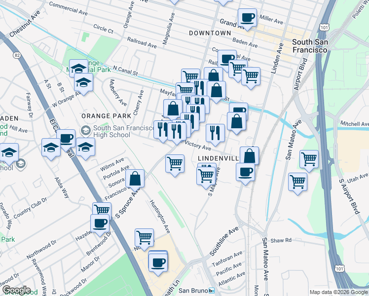 map of restaurants, bars, coffee shops, grocery stores, and more near 219 Ryan Way in South San Francisco