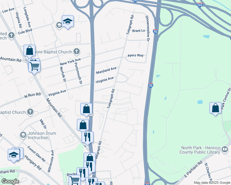 map of restaurants, bars, coffee shops, grocery stores, and more near 9021 Telegraph Road in Glen Allen