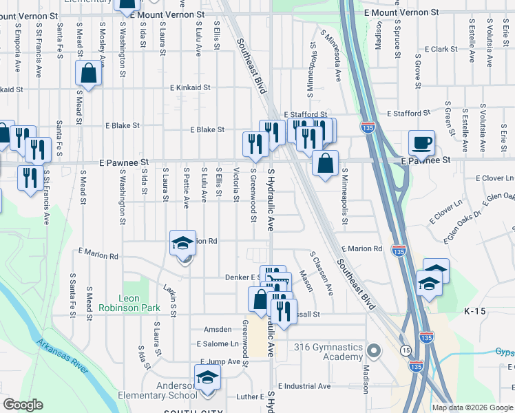 map of restaurants, bars, coffee shops, grocery stores, and more near 2531 South Greenwood Street in Wichita