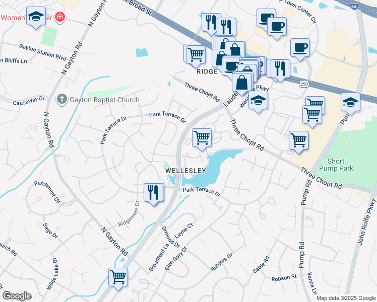 map of restaurants, bars, coffee shops, grocery stores, and more near 3812 Wellesley Terrace Circle in Richmond