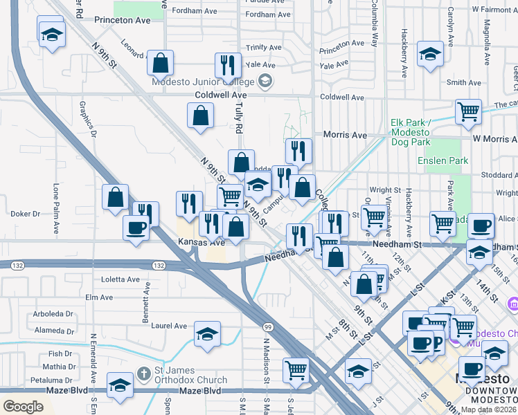 map of restaurants, bars, coffee shops, grocery stores, and more near 108 Campus Way in Modesto