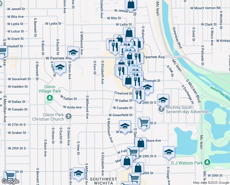 map of restaurants, bars, coffee shops, grocery stores, and more near 1300 Crawford Street in Wichita