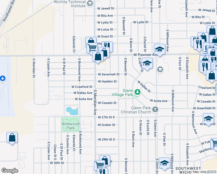 map of restaurants, bars, coffee shops, grocery stores, and more near 2310 West Crawford Street in Wichita