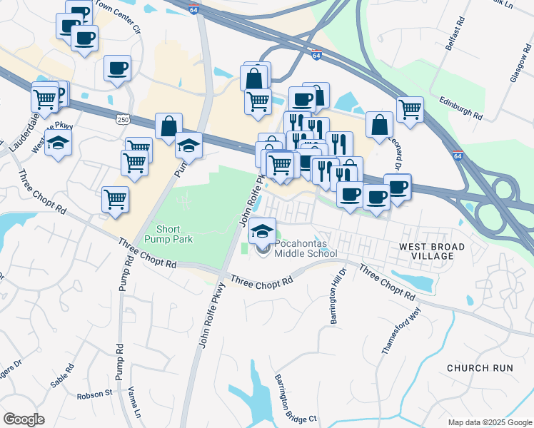 map of restaurants, bars, coffee shops, grocery stores, and more near 3905 Liesfeld Place in Glen Allen