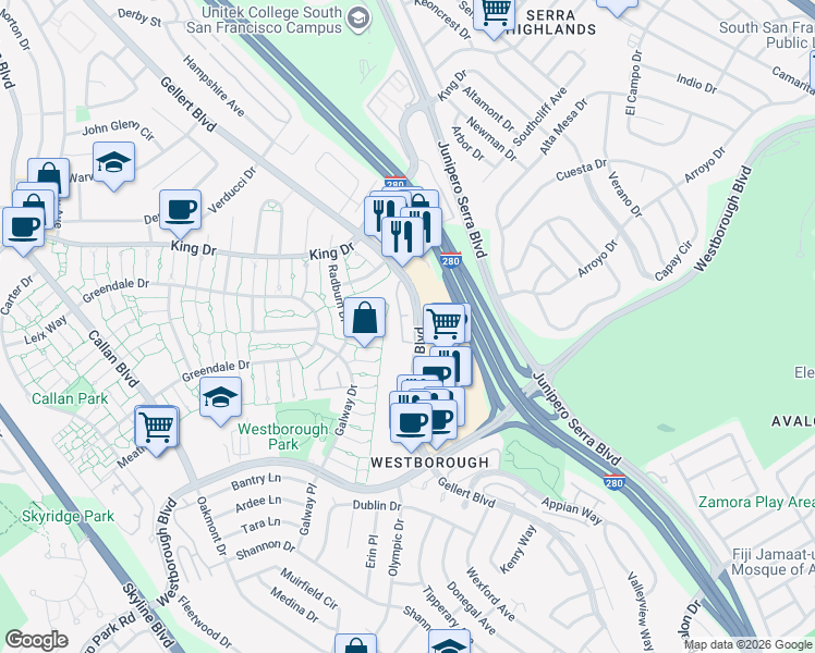 map of restaurants, bars, coffee shops, grocery stores, and more near 2210 Gellert Boulevard in South San Francisco