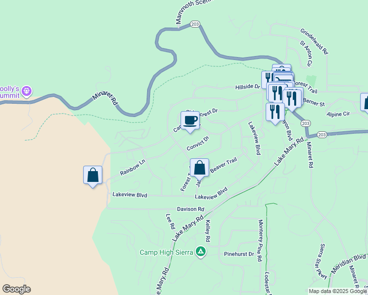 map of restaurants, bars, coffee shops, grocery stores, and more near 204 Twin Lakes Lane in Mammoth Lakes