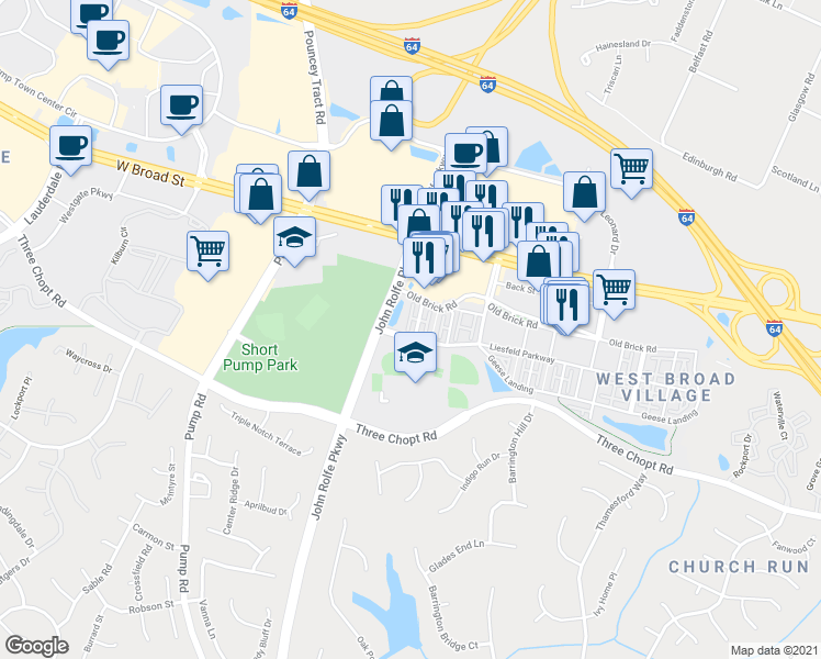 map of restaurants, bars, coffee shops, grocery stores, and more near 3905 Liesfeld Place in Glen Allen