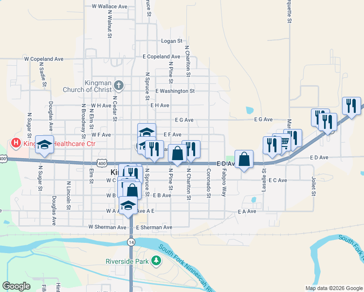 map of restaurants, bars, coffee shops, grocery stores, and more near 333 East East Avenue in Kingman