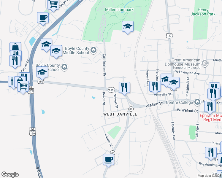 map of restaurants, bars, coffee shops, grocery stores, and more near 1651 Perryville Road in Danville