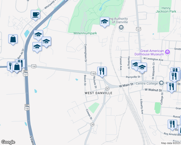 map of restaurants, bars, coffee shops, grocery stores, and more near 1661 Perryville Road in Danville