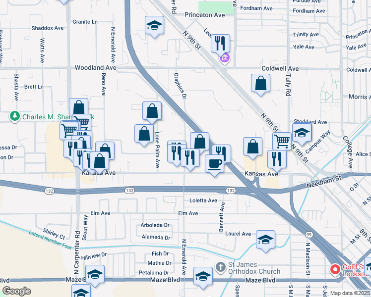 map of restaurants, bars, coffee shops, grocery stores, and more near 801 North Emerald Avenue in Modesto