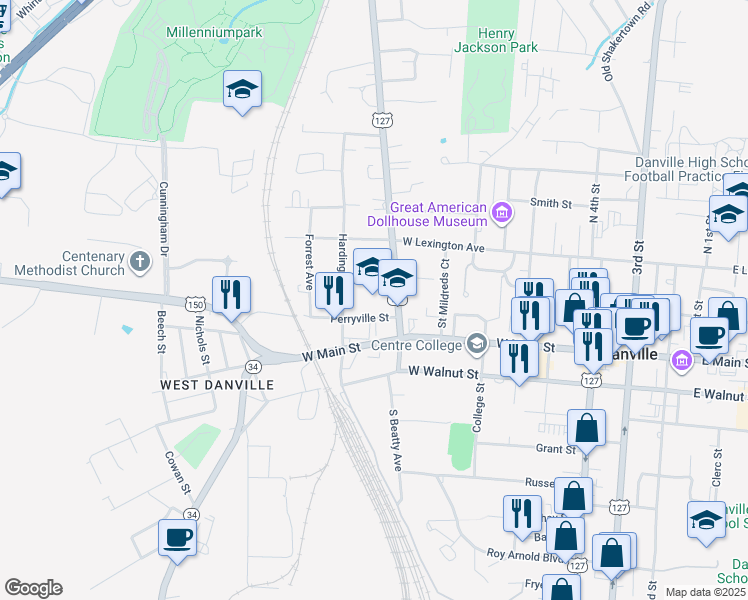 map of restaurants, bars, coffee shops, grocery stores, and more near 209 Maple Avenue in Danville
