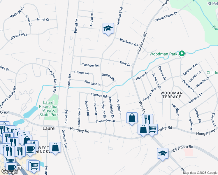 map of restaurants, bars, coffee shops, grocery stores, and more near 2411 Fruehauf Road in Richmond