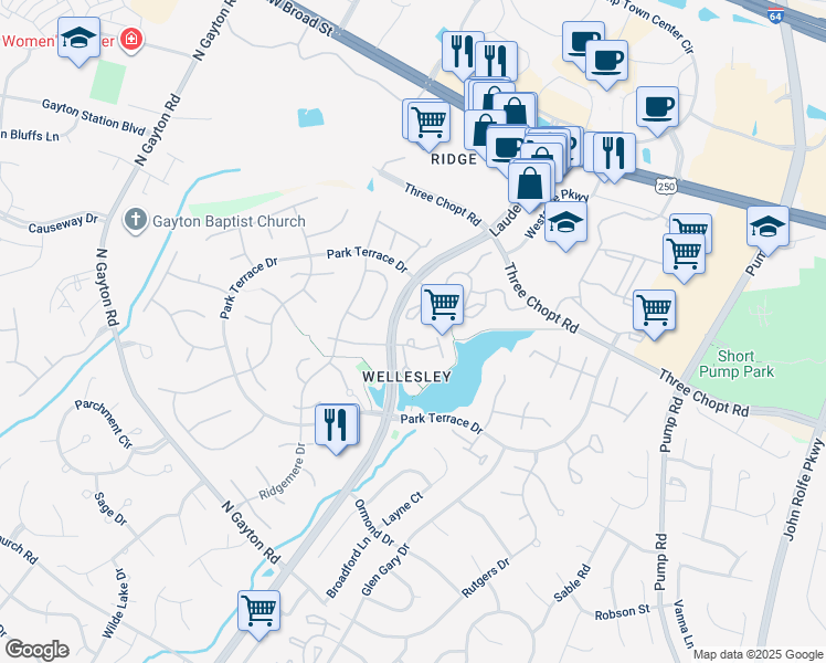 map of restaurants, bars, coffee shops, grocery stores, and more near 3812 Wellesley Terrace Circle in Richmond
