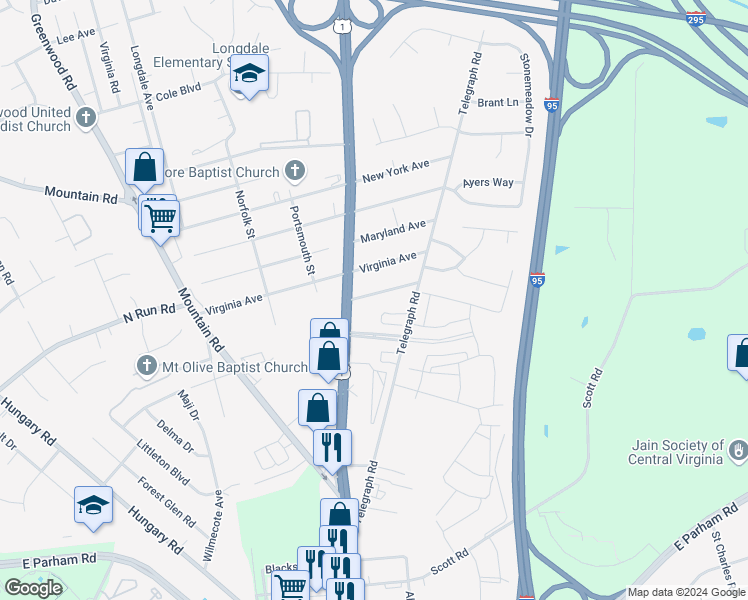map of restaurants, bars, coffee shops, grocery stores, and more near 1119 Georgia Avenue in Glen Allen