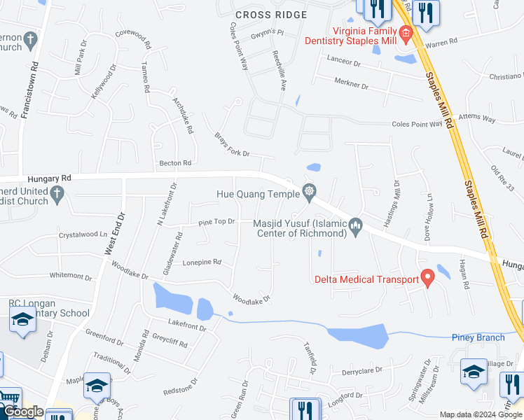 map of restaurants, bars, coffee shops, grocery stores, and more near 4409 Hungary Glen Terrace in Richmond