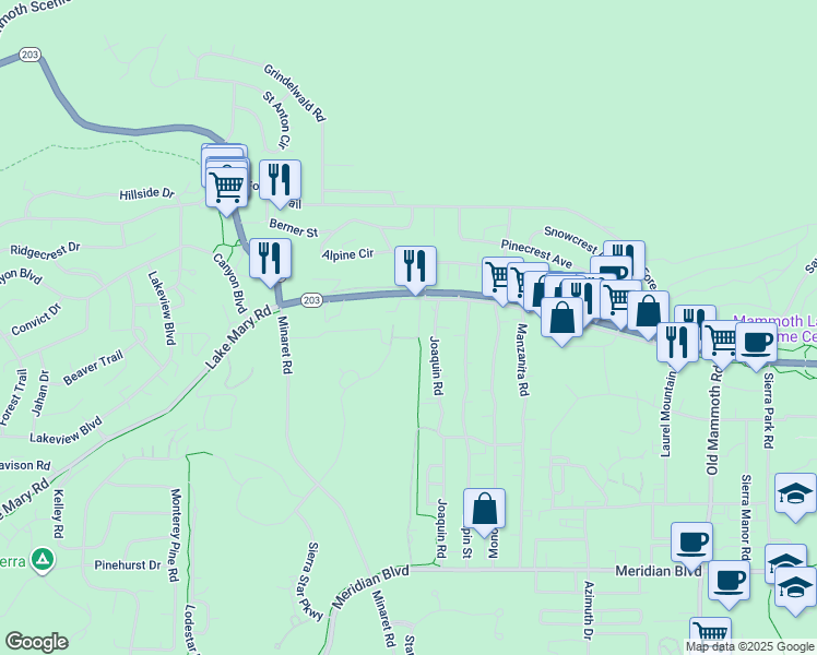 map of restaurants, bars, coffee shops, grocery stores, and more near 61 Callahan Way in Mammoth Lakes